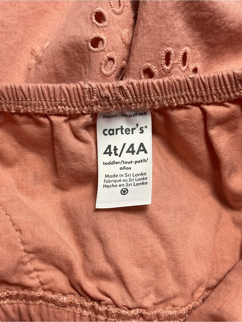 Carter’s Girls 4T Pink Eyelet Ruffle Jumpsuit Romper Wide Leg Lined Cotton